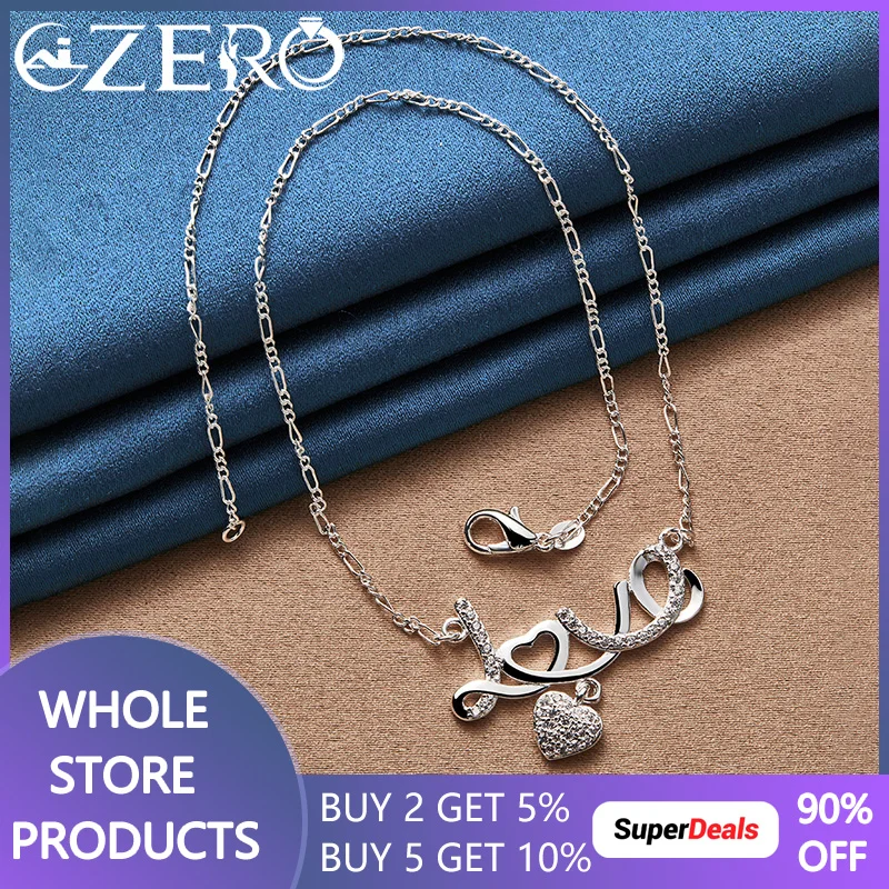 

ALIZERO 925 Sterling Silver 18 Inch Chain Zircon Heart LOVE Pendant Necklace For Women Wedding Engagement Party Fashion Jewelry