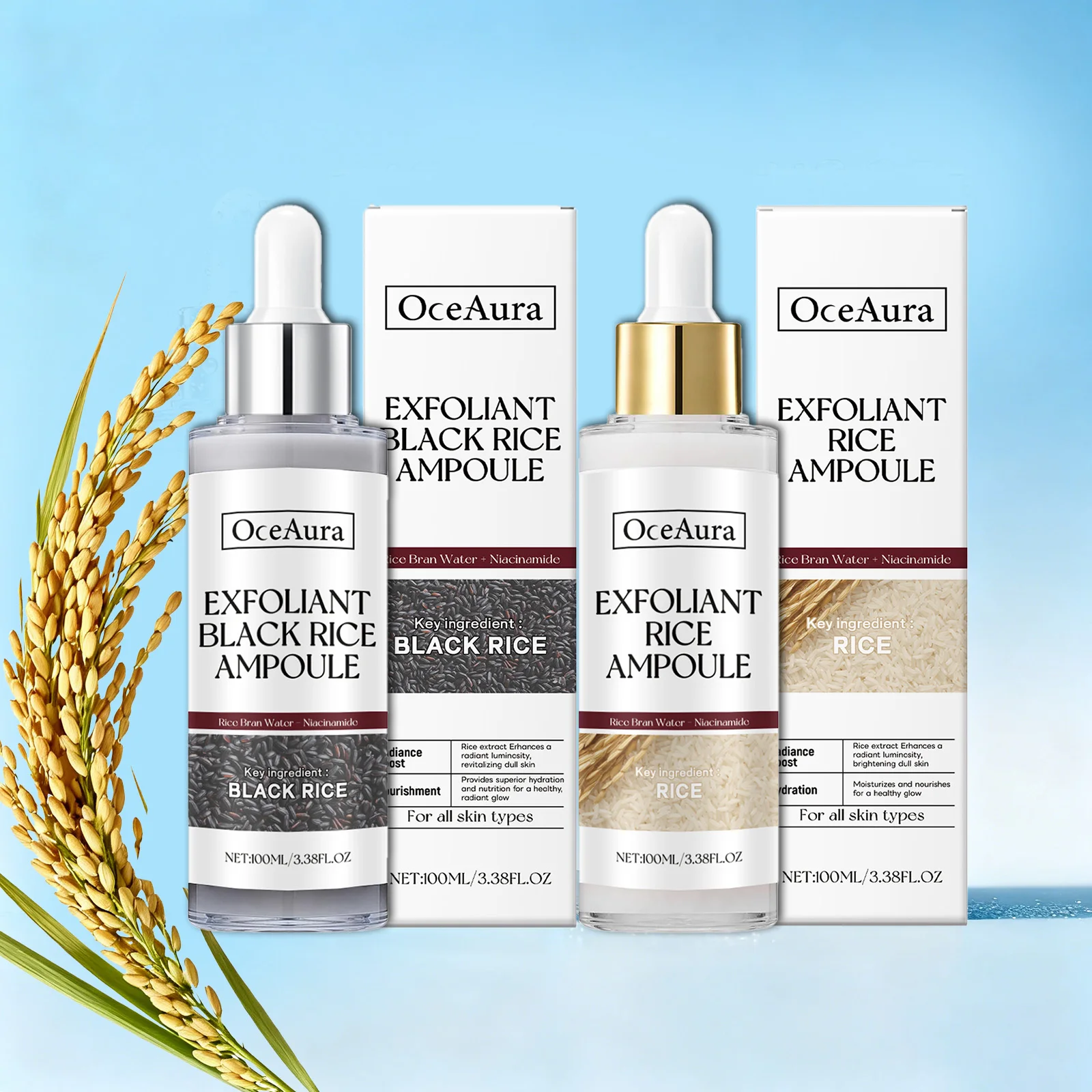Rice Exfoliating Ampoule Set for Gentle Peel Pore Minimizing & Deep Hydration Brightening Oil Control Serum for All Skin Types