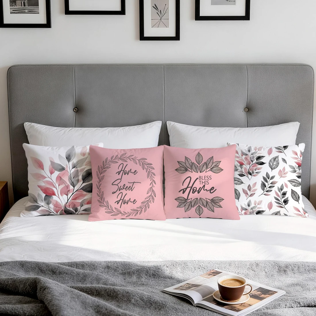 Pink Ink Leaf Text Pillowcase Printed Polyester 40/45/50cm Throw Pillowcover Decorative Sofa Cushion Pillowslip Home Decor