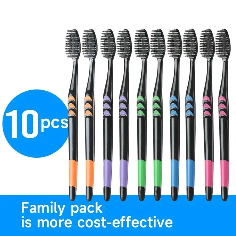10Pcs Family Pack Bamboo Charcoal Toothbrush Soft Bristle Travel Toothbrushes Random Color Oral Care