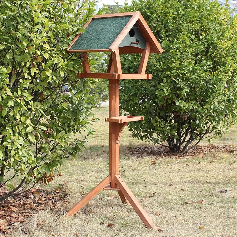 Outdoor Wooden Bird Feeder Food Container for Sparrow Pigeon, Bird Cage for Balcony Garden Villa Park