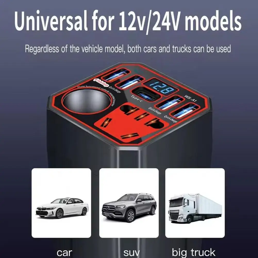 عاكس طاقة السيارة 12/24 فولت إلى 220 فولت مع 7 منافذ عرض جهد الإخراج QC3.0/PD شحن سريع عالمي للشاحنات ملحقات السيارة