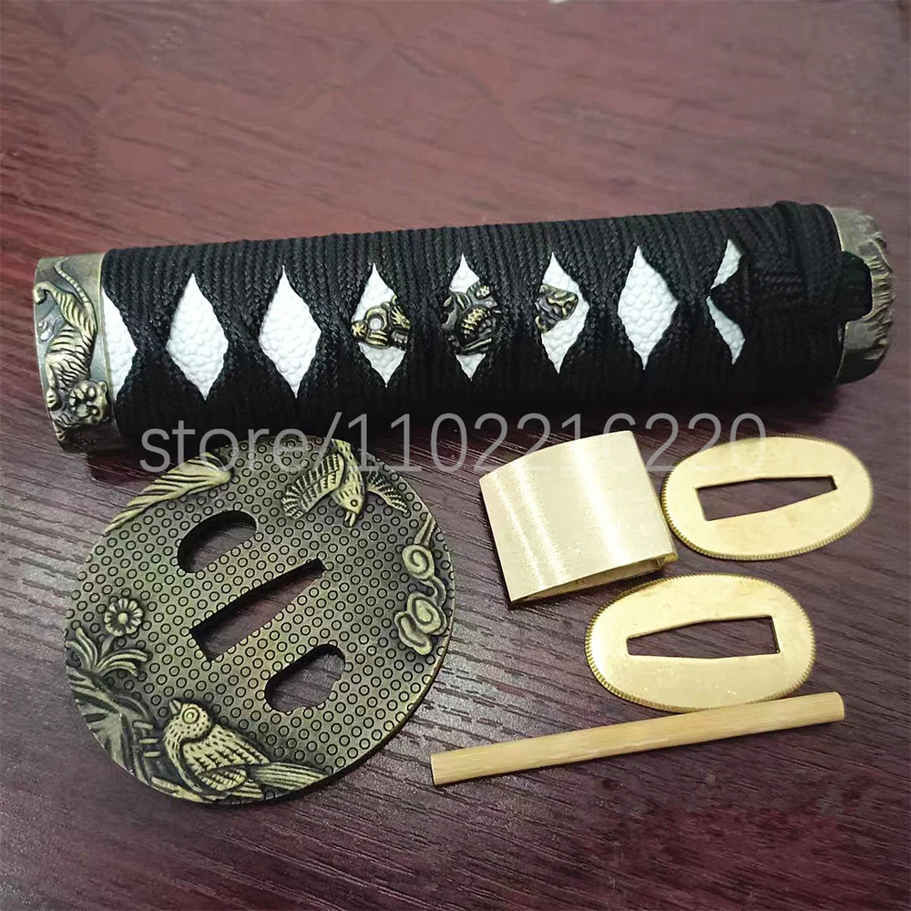 Black 15cm Tsuka Handle Hilt Alloy Tsuba Handguard Habaki Seppa For Real Japanese Samurai Katana Tanto Sword Fittings Parts