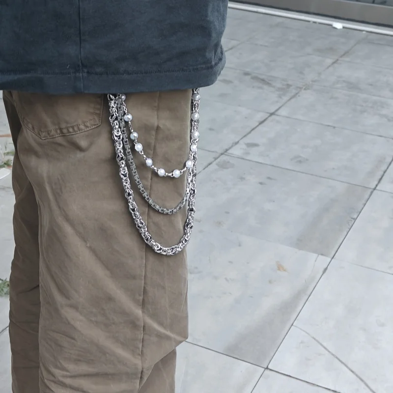 Retro sMonarch Keel Clamp Beads Pearl Pants Chain Three layers Fashion Accessories Hip Hop Punk One\'s Waist Concise y2k KeyChain