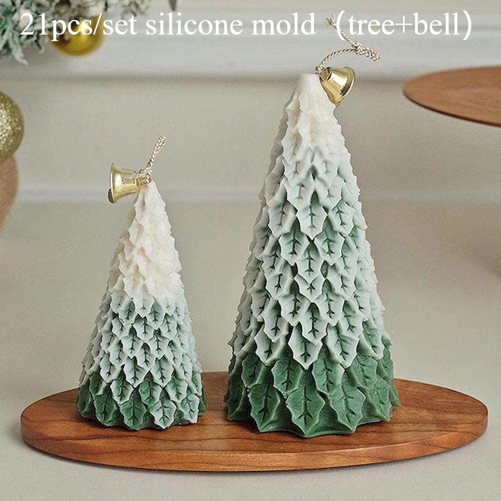 21pcs/set Christmas Tree with Bell Wax Candle Making Kit DIY 3D Pine Gypsum Resin Mold Handmade Scented Candle Party Favor Decor