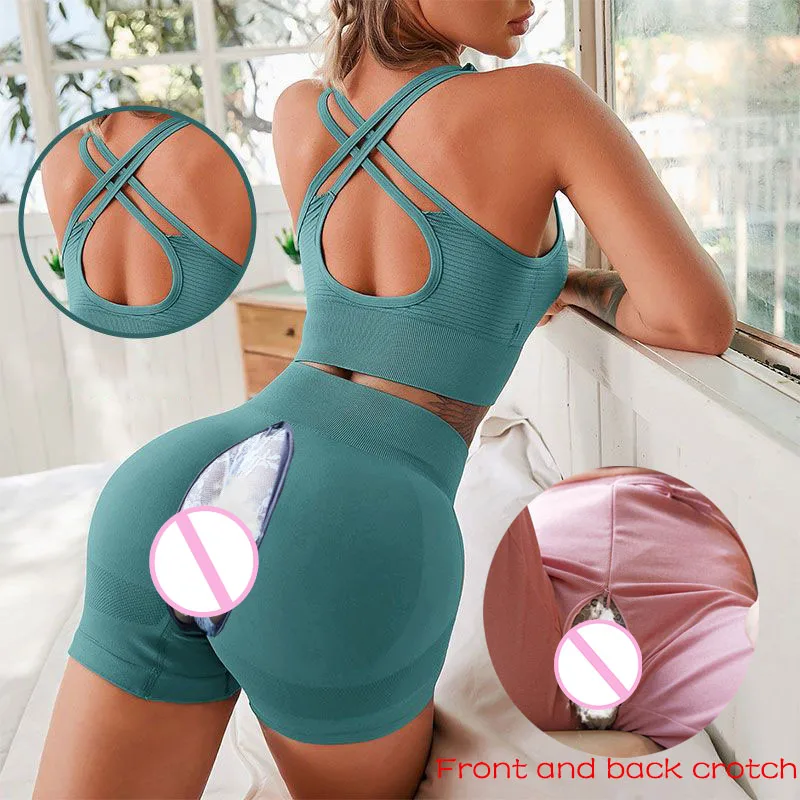 Invisible Open Crotch Sex Pants Fitness Suit Seamless Yoga Leggings Women's Sexy Sleeveless Vest Sports Club Shorts Dropshipping