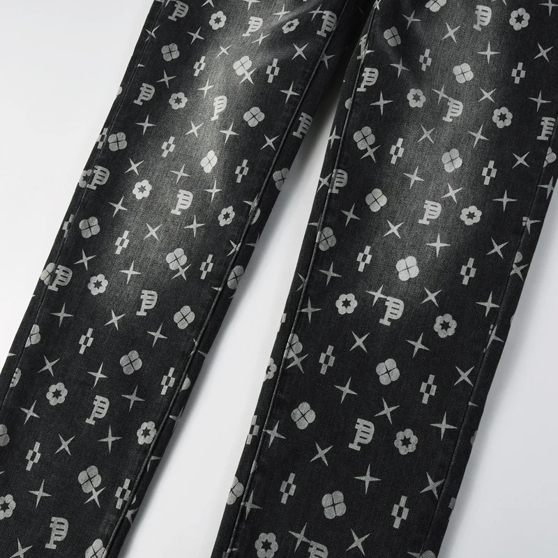 Fashionable new black and gray men's jeans with print, washed water, nostalgic stretch, slim fit, retro jeans, high street hip-h