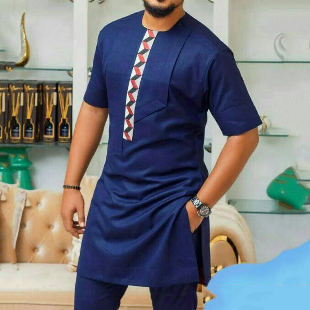 2024 New Kaftan Men's Set Blue Round Neck Fashion Short Sleeve Casual Fit Two Piece Set Dashiki Traditional Style Men's Suit