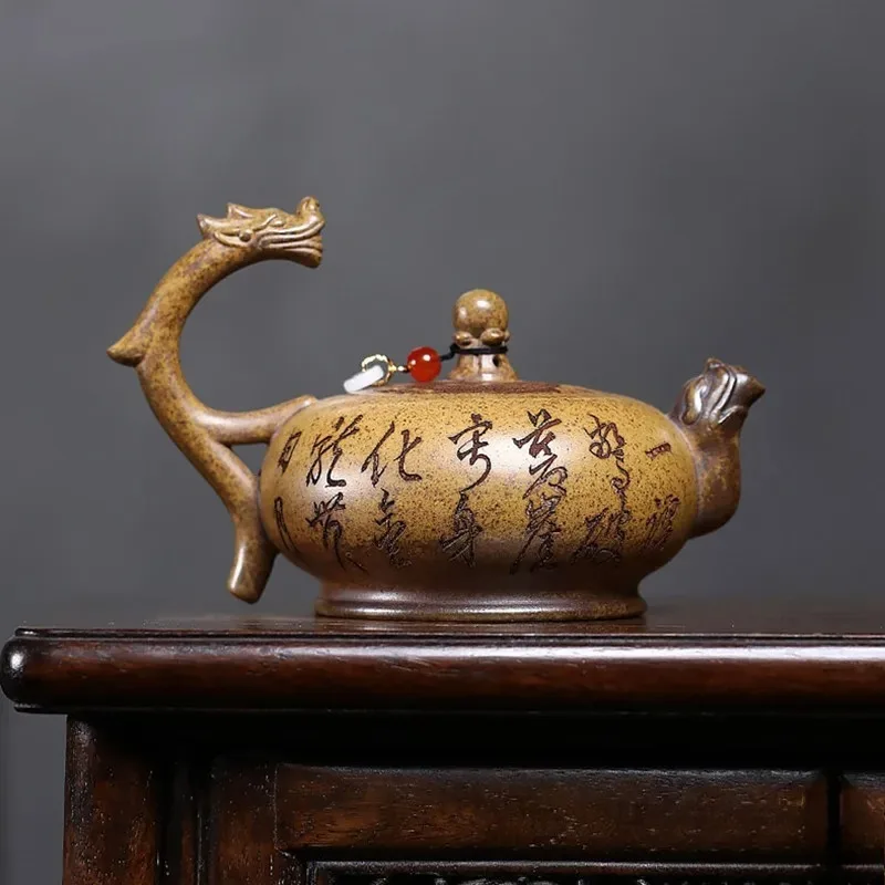 Fully Handmade Zisha Loop Handle Teapot Wood Fired Dragon Kiln Natural Purple Clay Traditional Kung Fu Tea Ware Home Use