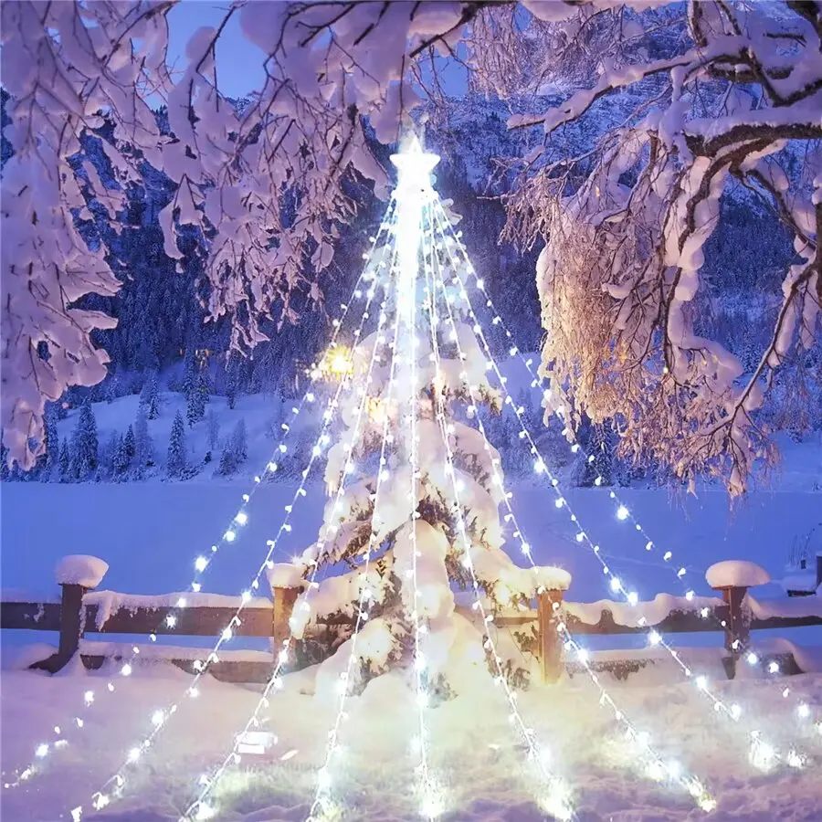 Outdoor 8 Modes Creative LED Star Waterfall Christmas Fairy String Lights Waterproof Garden Decoration Garland for Party Wedding