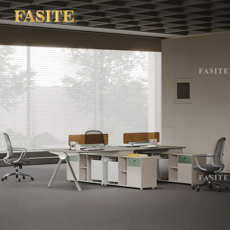 For 4 Person Office Desk and Chair Combination with Privacy Screen Double Sided Accounting Workstation Staff Cubicle Space