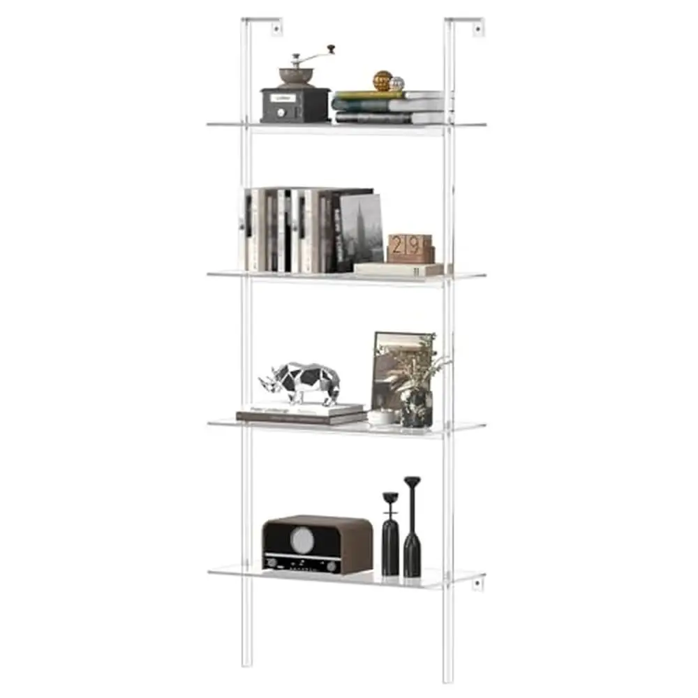 

Clear Acrylic Wall Mount Bookshelf 4-Tier Modern Ladder Shelf Multipurpose Bookcase Office Bathroom Living Room Organizing