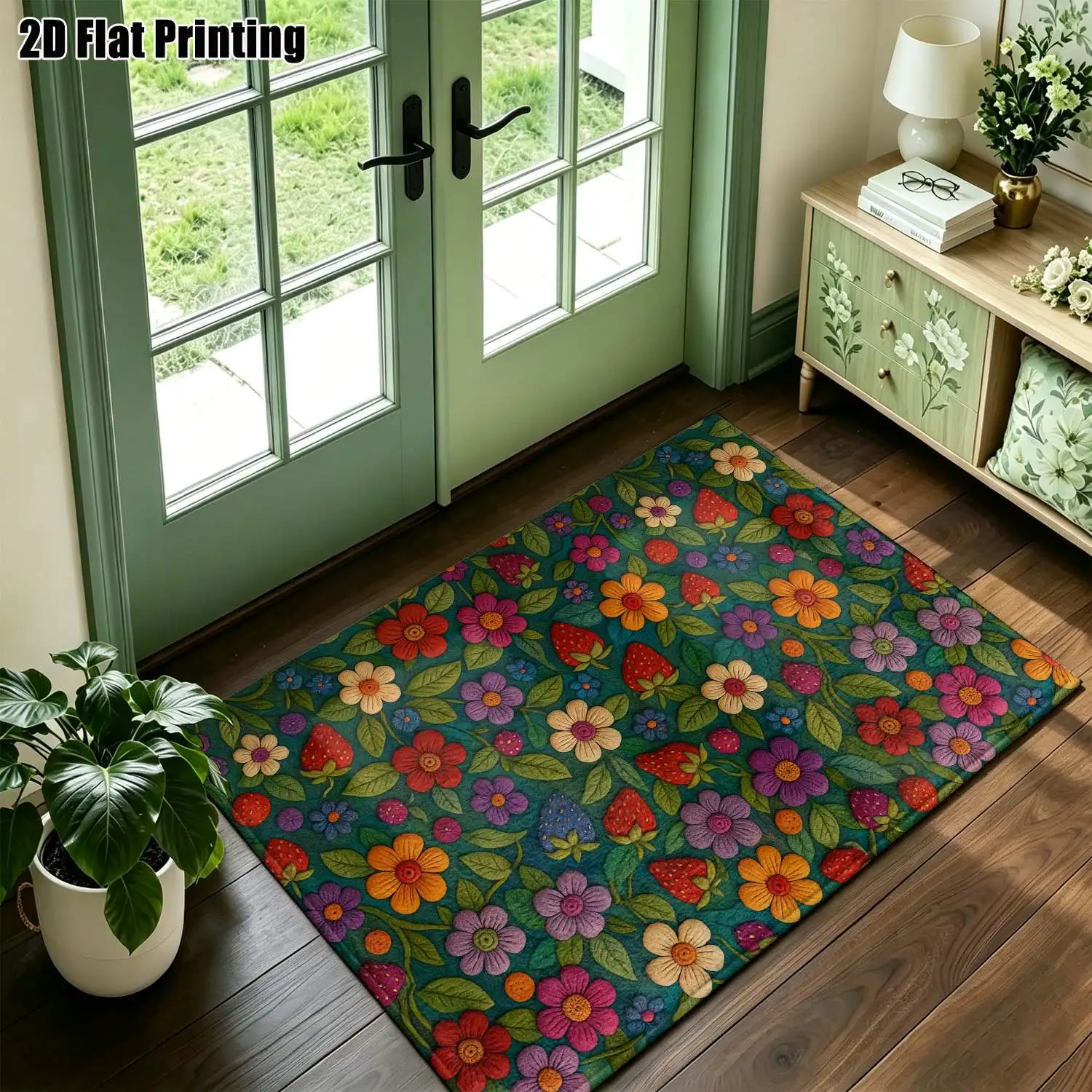 1Pc 2D Printed Carpet: Colorful Flower & Strawberry Patterns, Nordic/Instagram/Modern Minimalist/European/Vintage Style Home Decor, Multi-Size, Machine Washable, Ideal for Entryway, Dining Room, Foyer, Bedroom, Living Room.