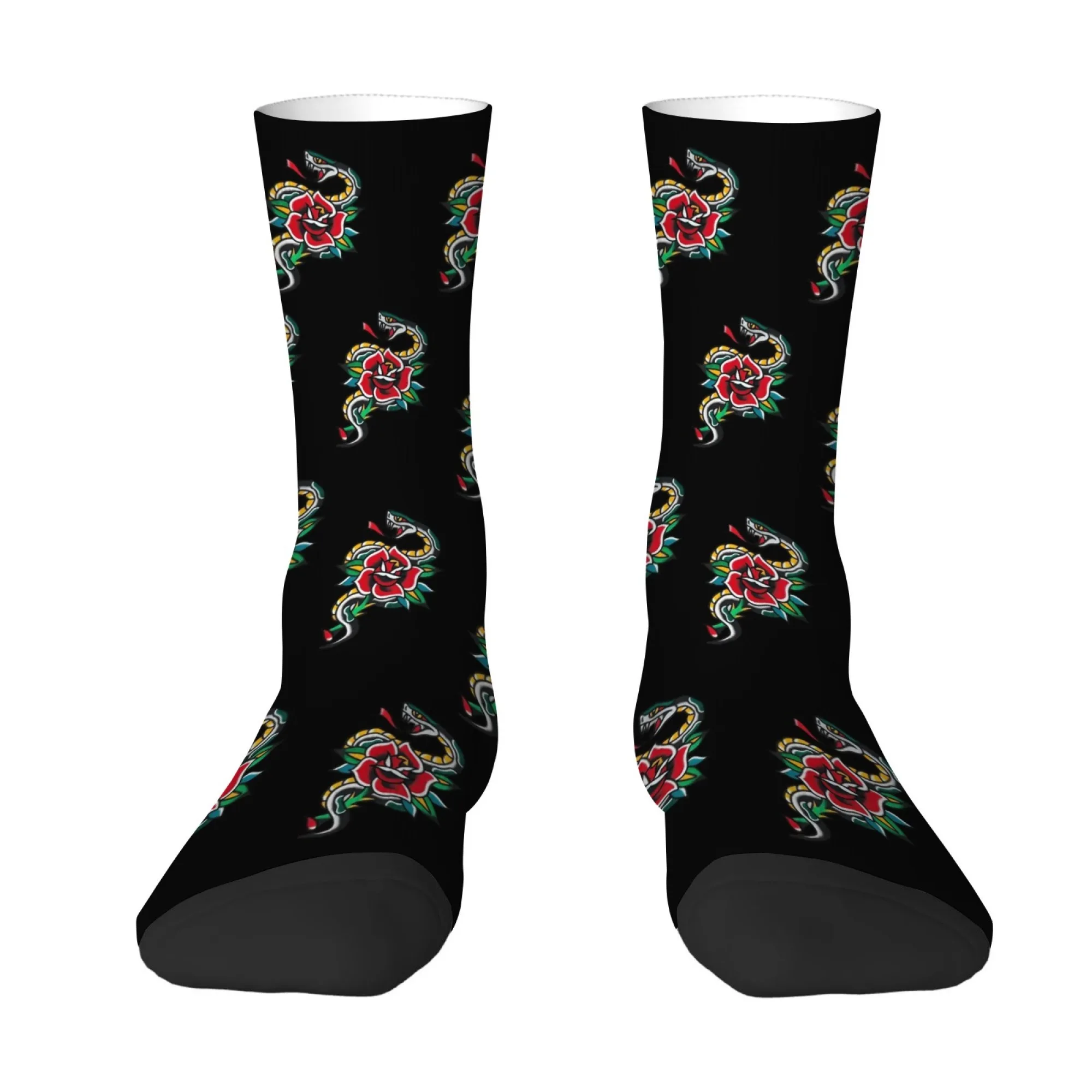 

American Tattoo-inspired Snake and Rose Print Mid-calf Socks Punk Dark Gothic Style Comfortable Breathable Non-slip Sports Socks