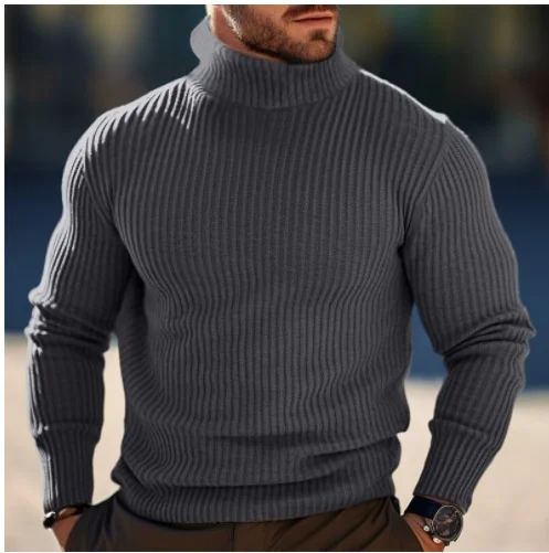 

Мужской простой цветной вязаный повседневный свитер с высоким воротником и хлопчатобумажной ткани Long Sve, повседневная одежда