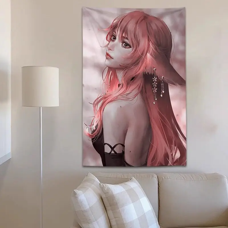 VIKAMA Kawaii Anime Fox Girl Tapestry Pink Haired Character Wall Hanging for Bedroom Aesthetic Indie Room Decor