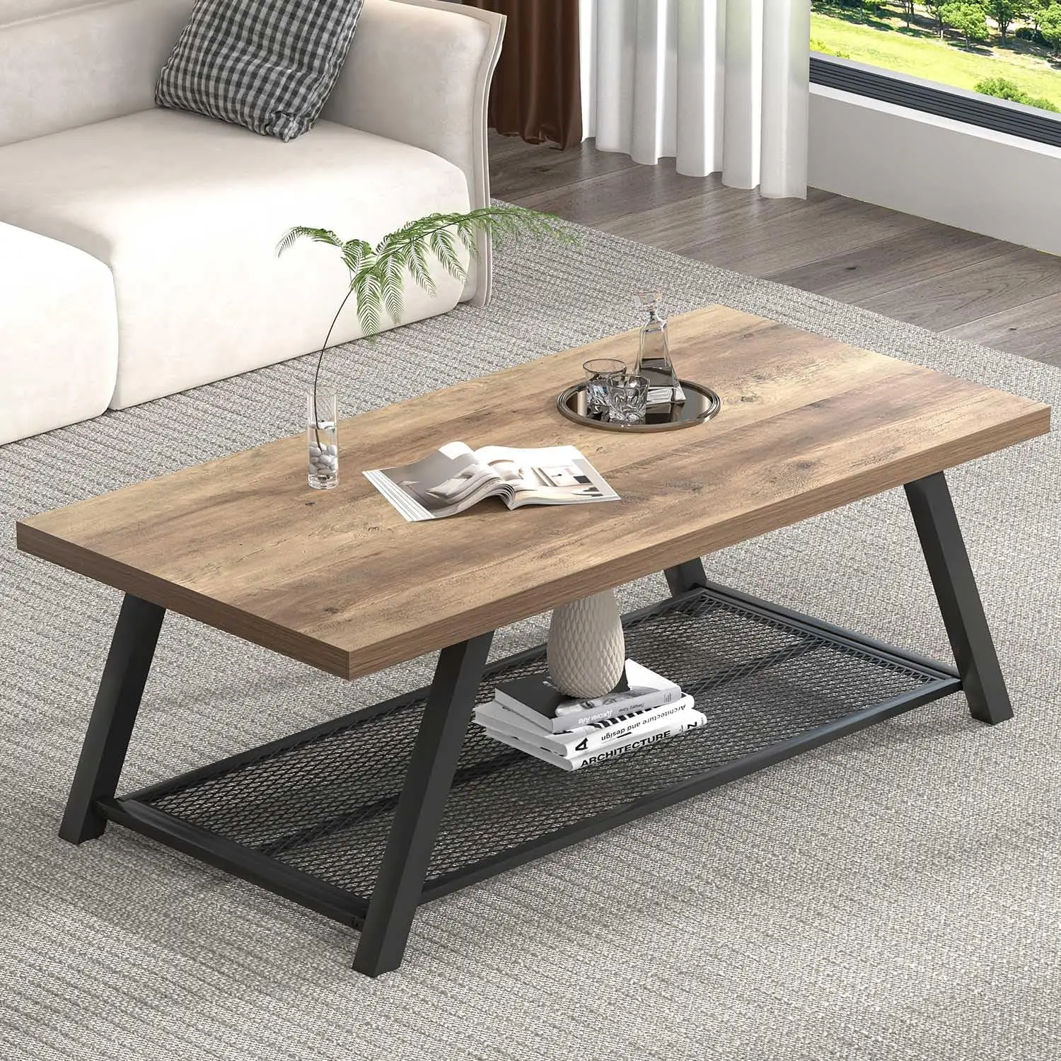 

Coffee Table, Modern Rustic Wood and Metal Center Tablewith Storage, Industrial Cocktail Tea Table for Living Room, Oak, 47 Inch