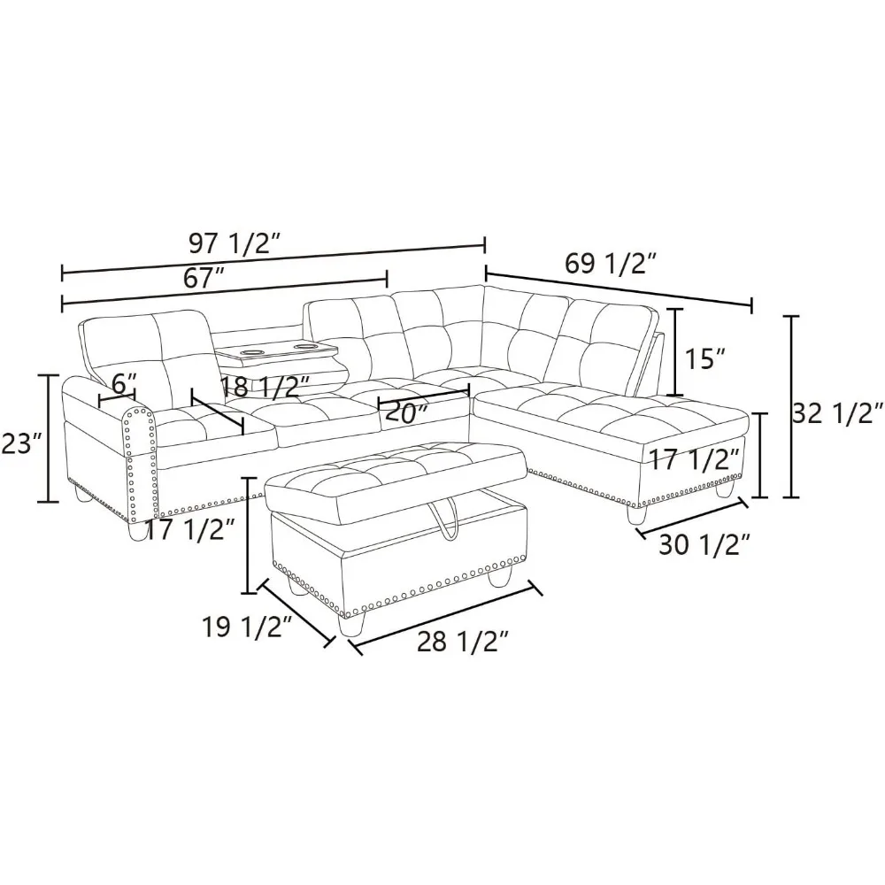 Modern Linen Sofas,2 Cup Holders & Storage Ottoman, Living Room Furniture Set, L-Shaped Upholstered 6 Seaters Sofa Couch