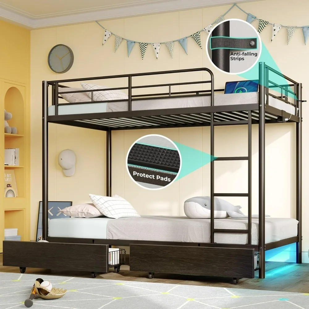 Metal Bunk Bed Twin Over Twin with USB Charging Station, LED Bunk Bed with 2 Storage Drawers,Bed with Safety Guardrail & Ladders