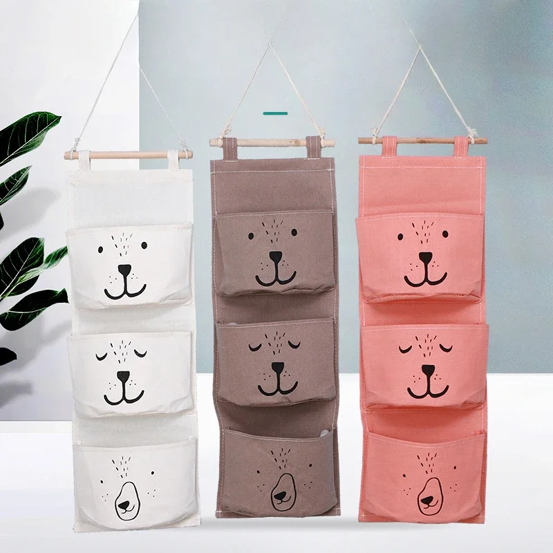 Cotton Linen Pattern Hanging Storage Bag 3 Pockets Wall Mounted Wardrobe Hang Bags Wall Pouch Cosmetic Toys Organizer 1PC Hot