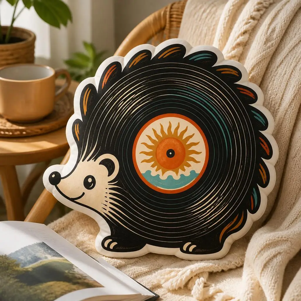 Retro Vinyl Record Hedgehog Shaped Throw Pillow Record Collector Cushion Music Lover Gift for Sofa Room Decor Home Accent