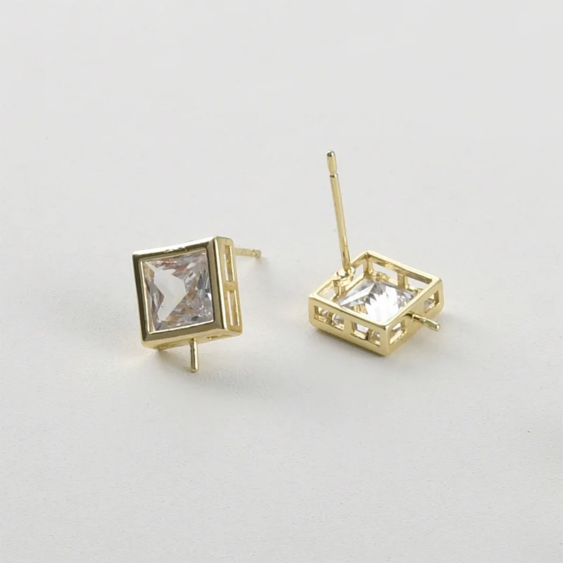6pair 9x9mm DIY Jewelry Accessorie Square CZ Zirconia Stud Earring Base with Pin for Women Bridal Pearls Earring Making