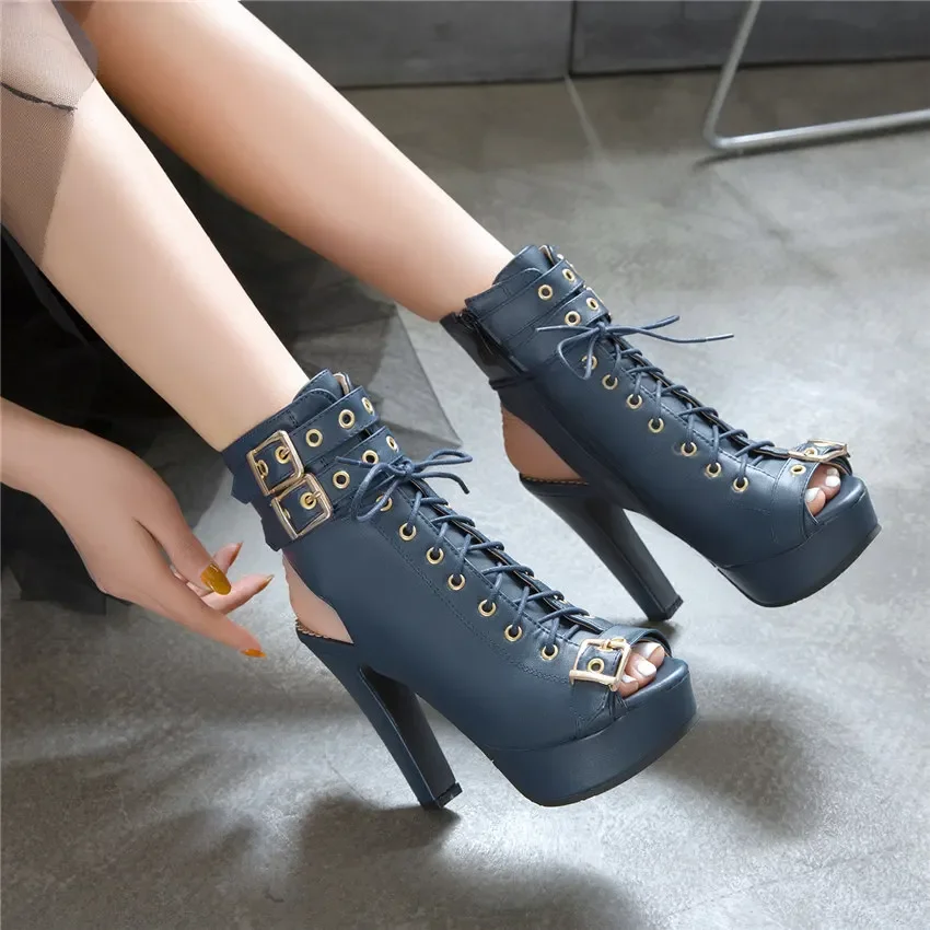 المصارع المرأة اللمحة تو صنادل أرضية فستان أبيض أزرق حفلة سيدة عالية حذاء بكعب سميك مشبك سستة الصيف الكاحل الاعوجاج الأحذية