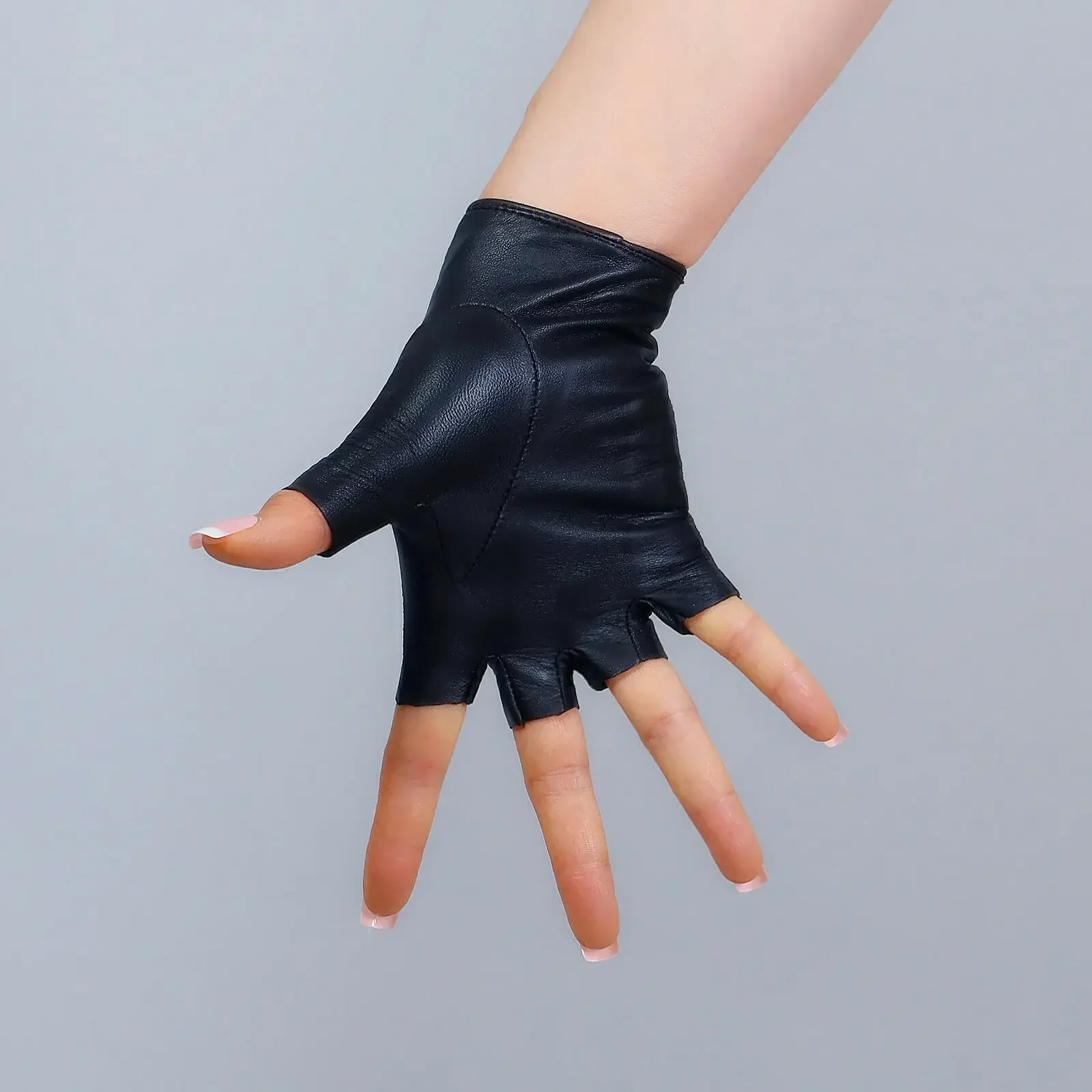 Women's Black Real Leather Fingerless Gloves Short Unlined Genuine Lambskin Half Finger Button Moto Driving Gym Glove