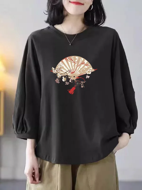 Women's round Neck Loose Lantern Sleeve Seven-Foot-Tube T-Shirt Pure Cotton Autumn New Style Base Layer Inner Wear Top