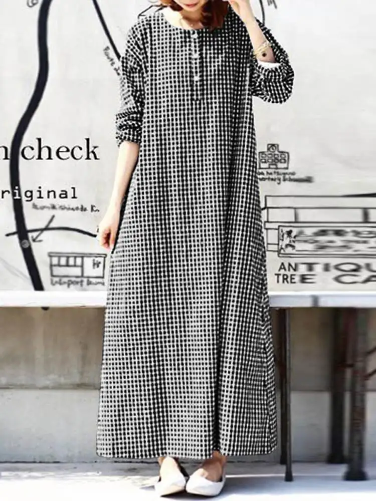 Women Autumn Dresses Vintage Check Maxi Dress ZANZEA 2023 Casual Long Sleeve Vestidos Female O Neck Plaid Robe Oversize Sundress