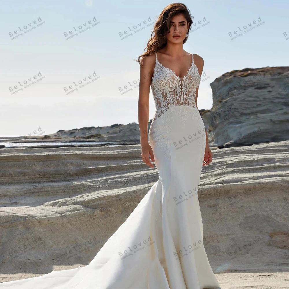 Classic Wedding Dresses Satin Bridal Gowns Sexy Backless Sleeveless Sheath Mermaid Lace Appliques Vintage Vestidos De Novia 2024