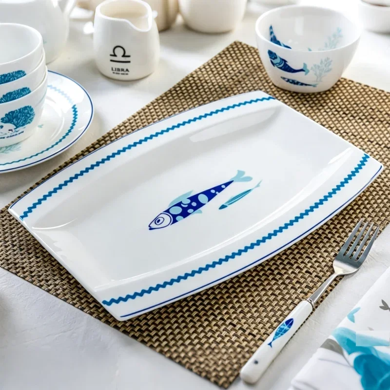 12 inch, real bone china serving plate for fish, fish design, porcelain restaurant plates, ceramic plate for buffet, big plate
