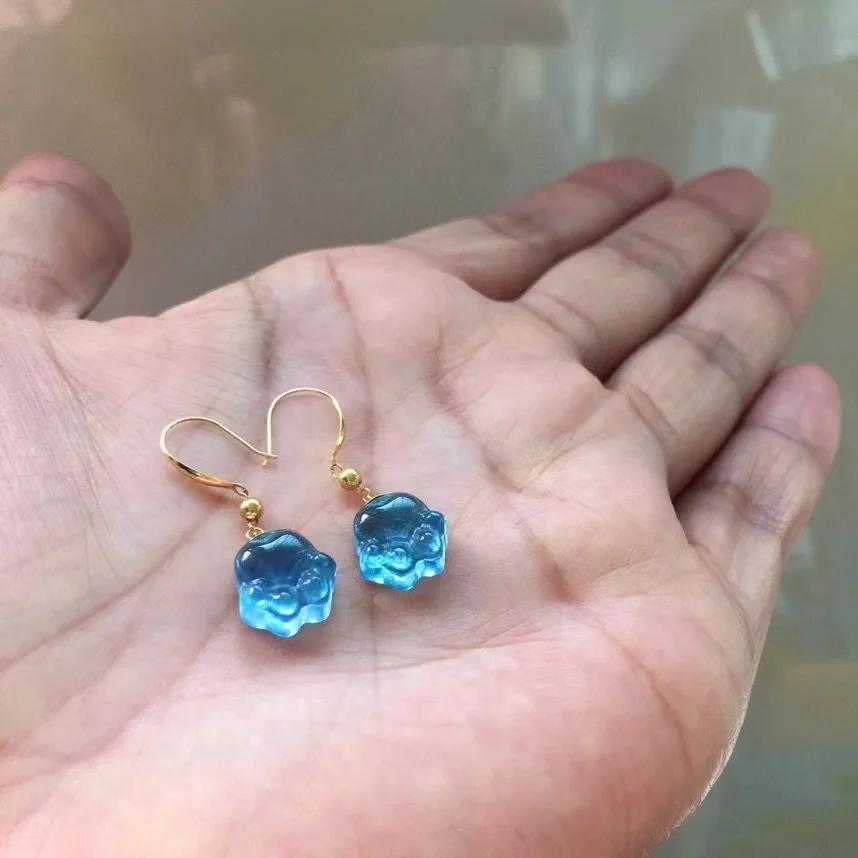 1 Pair Fengbaowu Natural 7A Aquamarine Cat Paw Earring 18K Gold Reiki Healing Stone Jewelry Gift Women