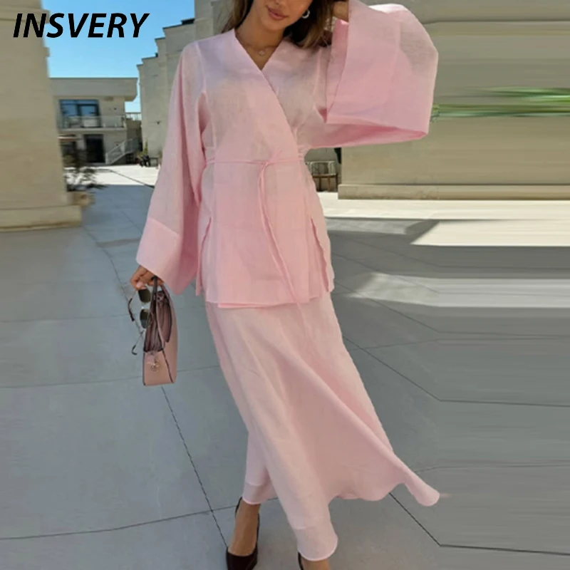 

Elegant Suit Women Long Sleeve Lace Up Cardigan V Neck Shirt Skirt Set Women Casual Two Piece Set Spring Summer Outfits