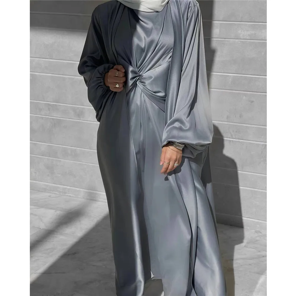 Muslim Hijab Dress Eid Satin Abayas 3 Piece Matching Sets Women Open Turkey Arab Robe Kaftan Kimono Femme Jalabiya Vestidos Gown