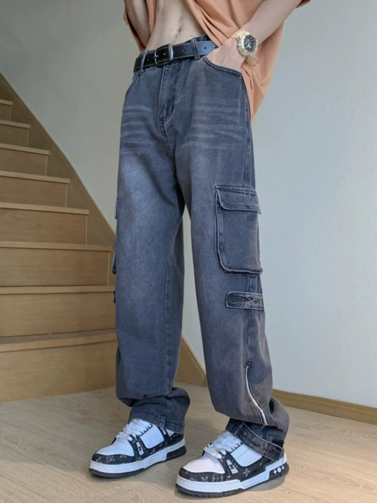 

American Retro Workwear Jeans Men's Spring Autumn Loose Wide Leg Pants Cool High Street Straight Leg Trendy Blue Denim Jeans