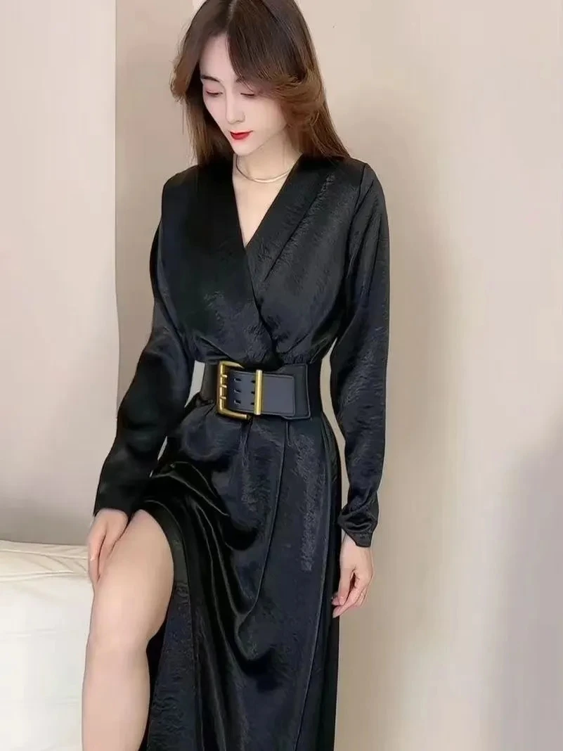 Ele Bla Satin V-Ne A-Line Dr Women's Faion Sle Waist-Cinching Autumn New Arrival Long Sve Daily Wear