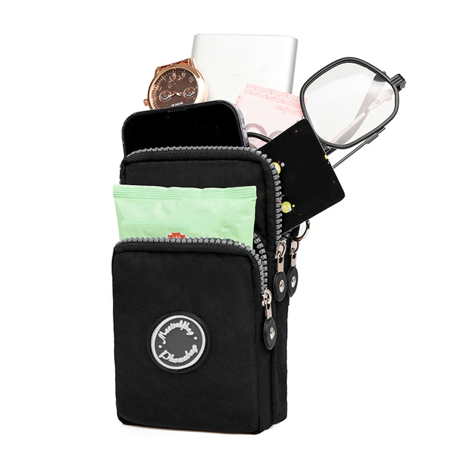 Modna damska torba na jedno ramię w jednolitym kolorze, nylonowa, trójwarstwowa torba na telefon komórkowy z zamkiem błyskawicznym, podróżna torba do przechowywania drobnych pieniędzy