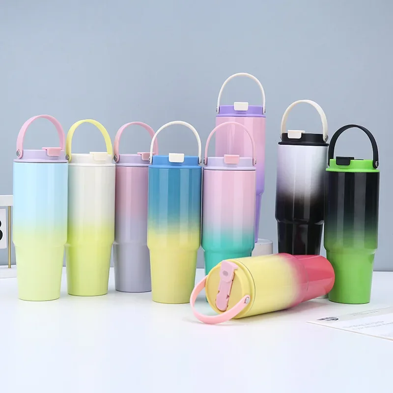 Small Fresh 30oz Stainless Steel Gradual Change Color Portable with Straw Handle Thermos Cup Household High Value