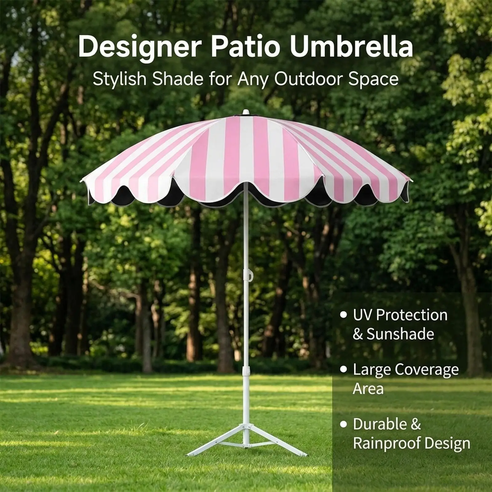 Windproof Patio Umbrella Pink Stripe Portable Lightweight Outdoor Sun Shade Canopy for Pool Garden Backyard Picnic