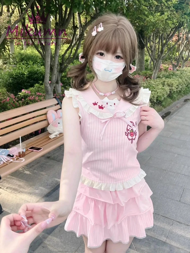 MikAutumn-تي شيرت نسائي ياباني لوليتا قطة مطبوع عليها رسوم كرتونية ، كاواي ، نمط Preppy ، قمم صيفية Y2K ، قوس هاراجاكو ، كشكشة ، تيشيرتات لطيفة #2