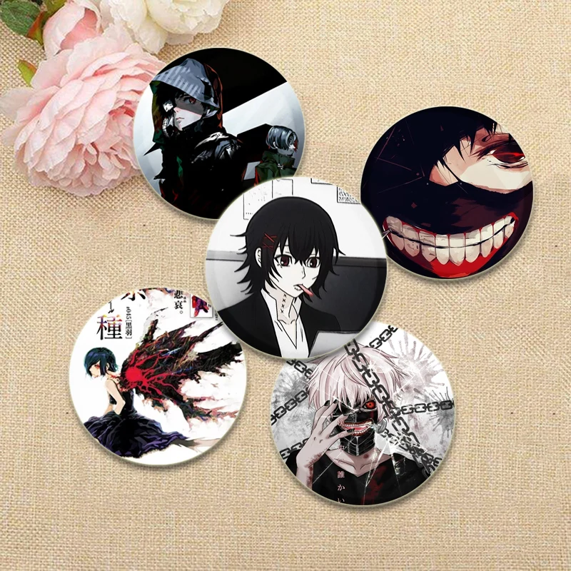 Snap in Design Cartoon Brooches Kaneki Ken Juzo Suzuya Rri Ghoul Anime Pins Handmade Tinplate Badge Backpack Accessories Gifts
