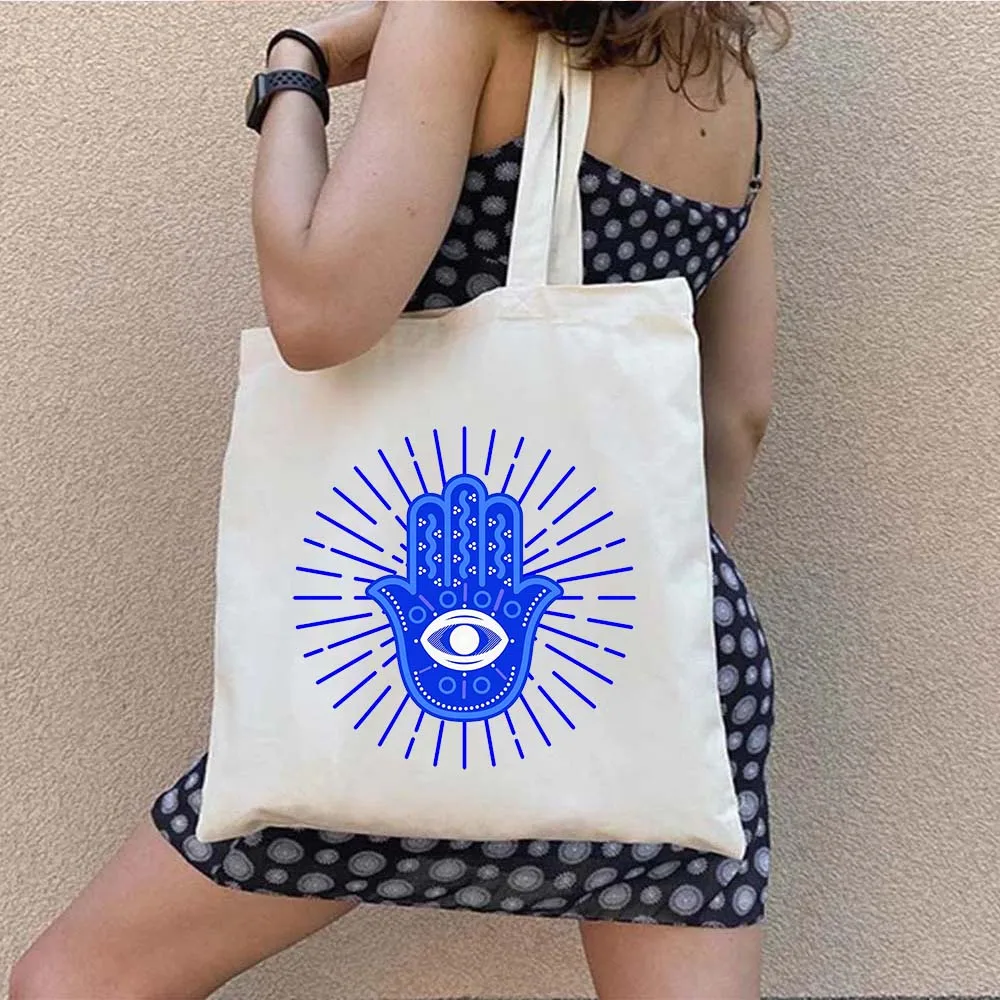 Greek Turkish Colorful Nazar Blue Evil Eye Hamsa Hand Girl Shopper Canvas Tote Bag Amulet GREECE Shoulder Cotton Female Handbags