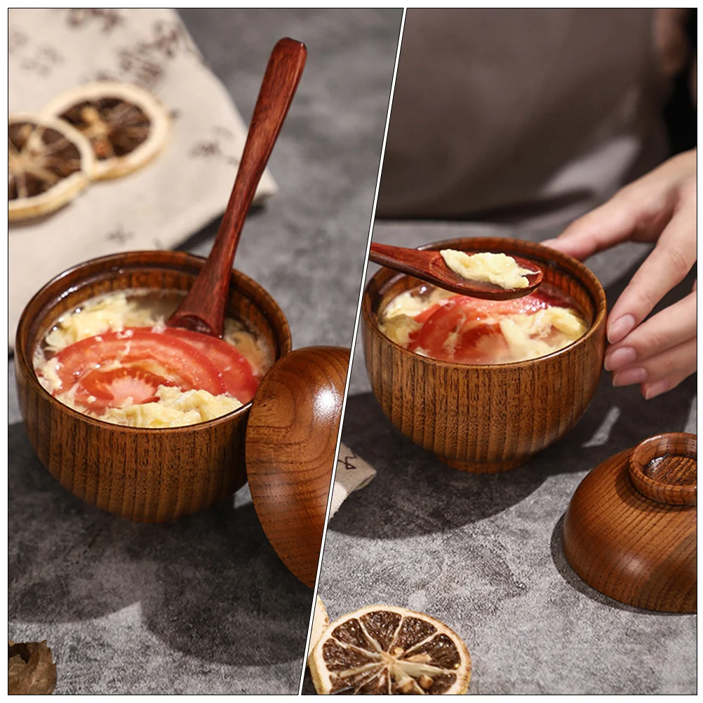 Wooden Bowl with Lid Salad Serving Utensils Soup Rice Miso Nut Bowls for Food Kids