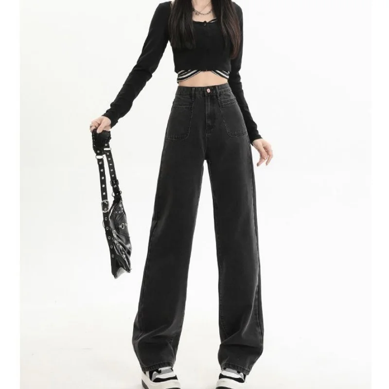 

Female High Waist Floor-Length Jeans Girls Black Grey Fashion Thin Straight Leg Pants Women Korean Casual Denim Trousers