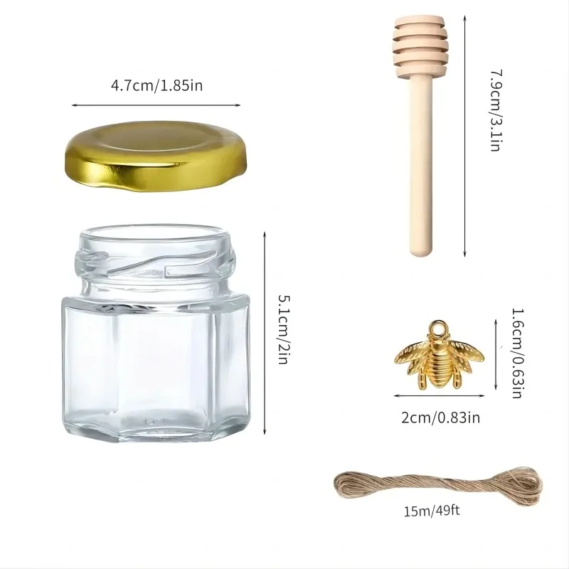 1.5 Oz Hexagon Mini Glass Honey Jars With Wood Dipper, Bee Pendants And Jutes, For Baby Shower, Wedding Favors, Party Favors