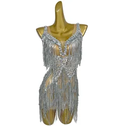 Flashing Sequins Fringes Rhinestones Transparent Dresses Women Evening Birthday Celebrate Costume Dancer Stage Wear Muyuye