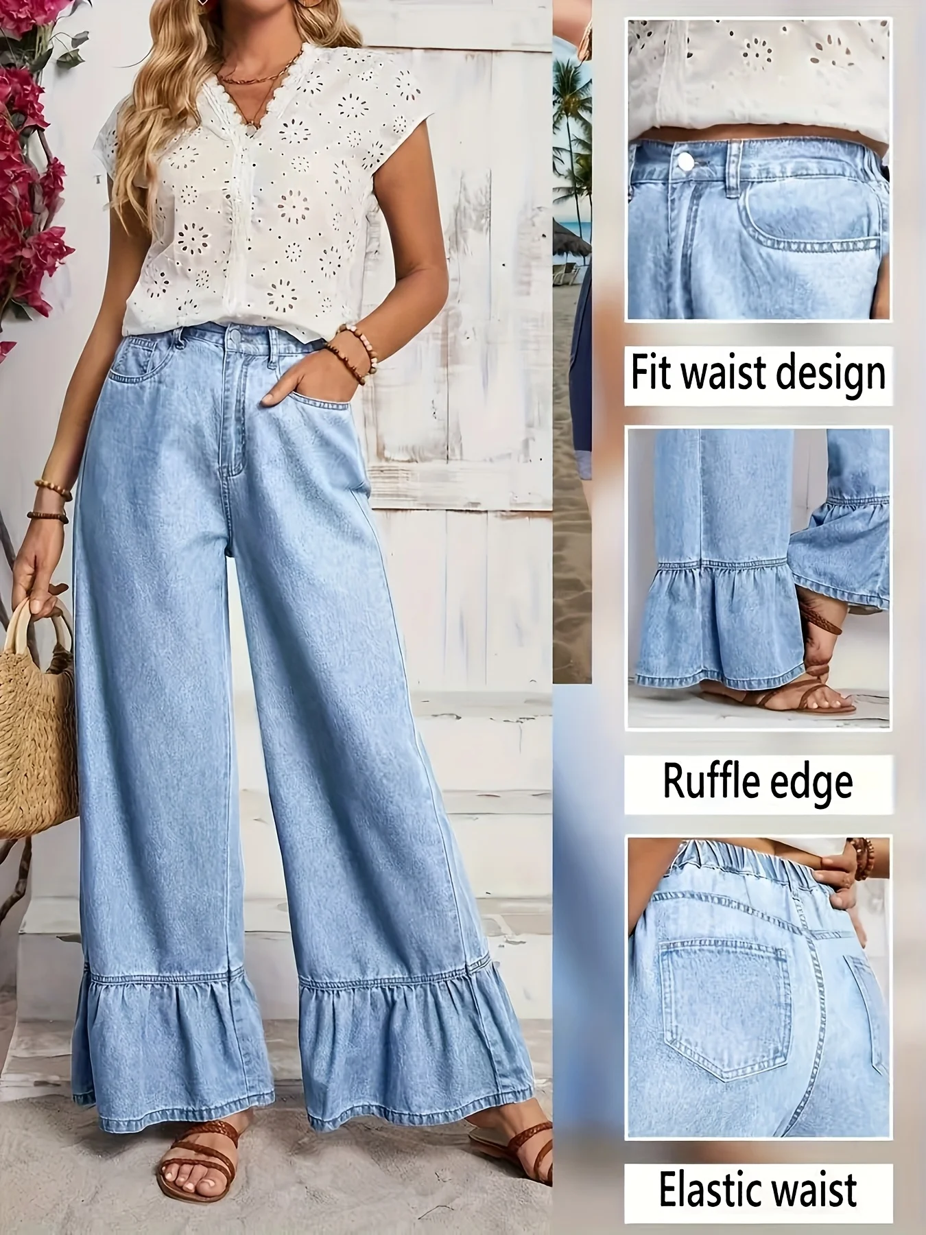 Light Blue Ruffle Hem Wide Leg Jeans Women High Waist Casual Trousers Loose Fit Long Pants