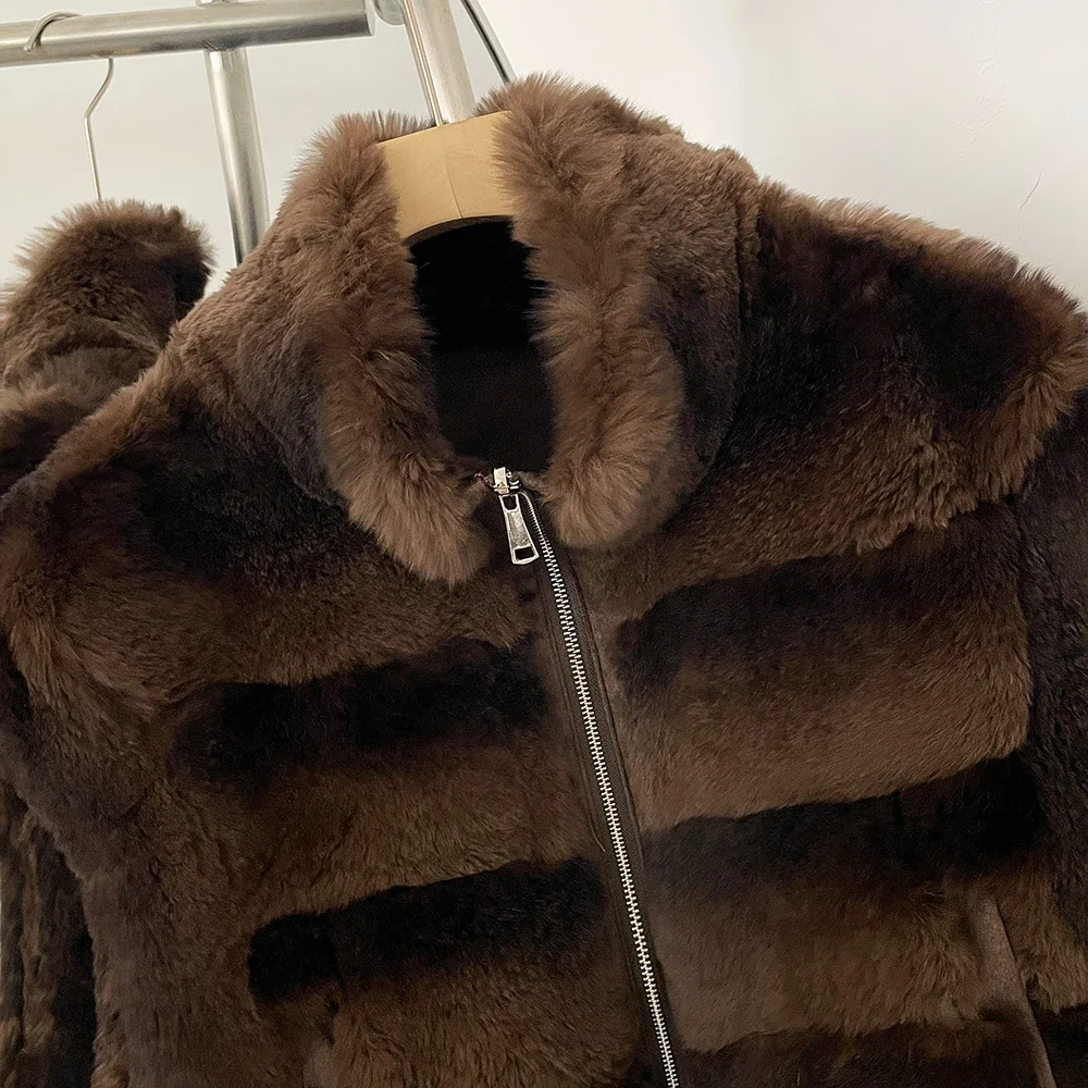 OFTBUY Neue Winter-Oberbekleidung für Damen, Wendbare Echt-Rex-Kaninchenfell-Weste mit Stehkragen, Reißverschluss und horizontalen Streifen, Pelzweste für Damen – Detail 4