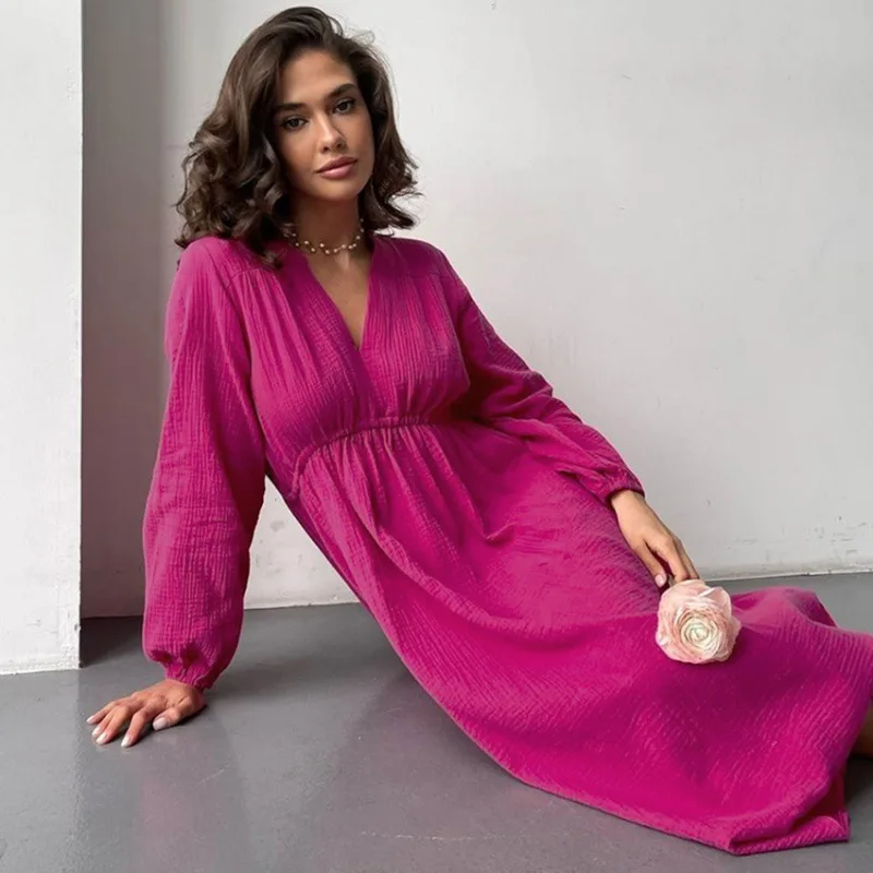 Elegant Sexy V-Neck Double-Layer Crepe Women's Robes 2026 Spring New 100％ Cotton Loose Long-Sleeved Ruched Party Dresses